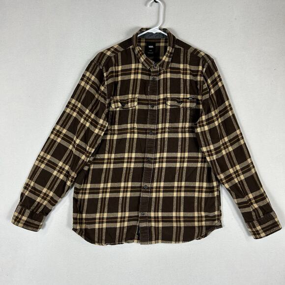Vans Long Sleeve Button Up Flannel Shirt Mens Size Large Classic Fit Brown Plaid - Picture 2 of 12